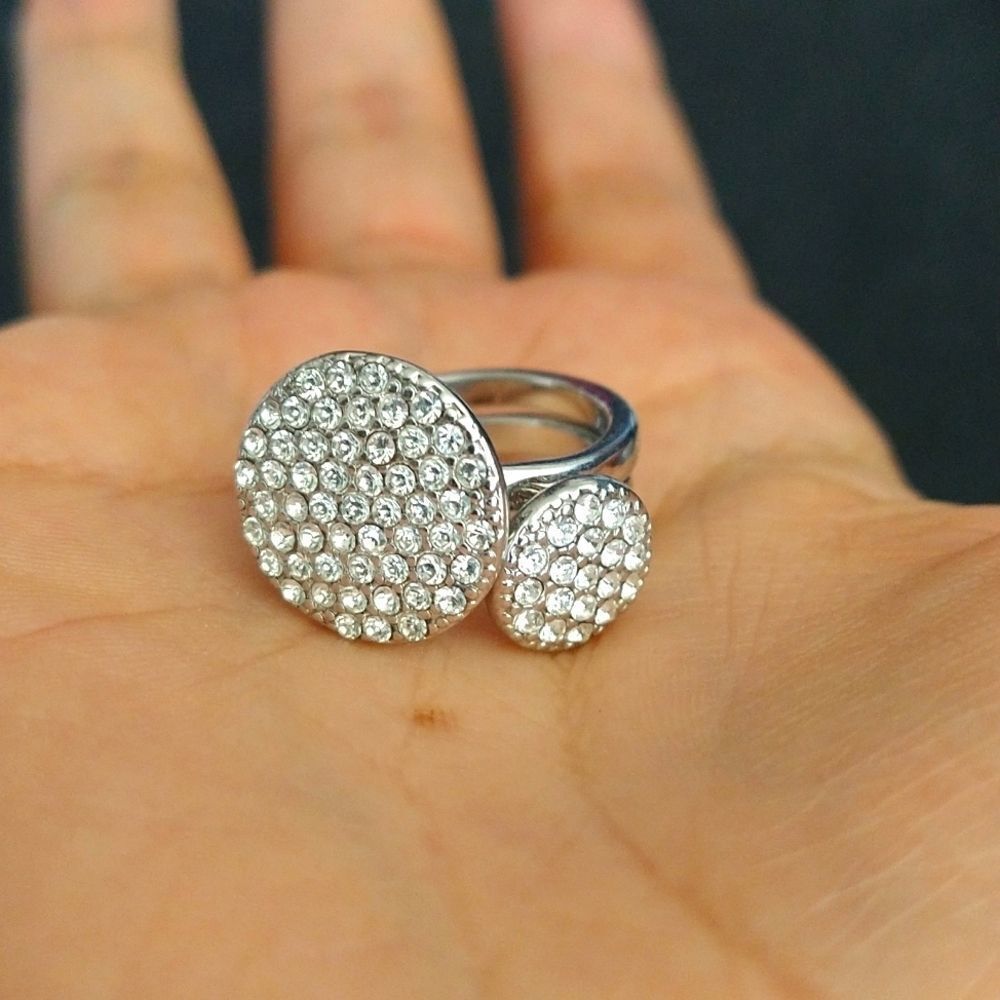 Women’s Silver Tone Crystal Ring Set Size 6 Double Disc Statement Rings